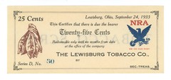 LEWISBURG TOBACCO CO., OHIO 1933 25 CENTS DEPRESSION TOBACCO SCRIP