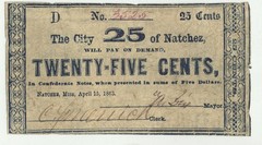 1863 Mississippi 25c CITY OF NATCHEZ 25c Obsolete Currency~printed on $2 Notes